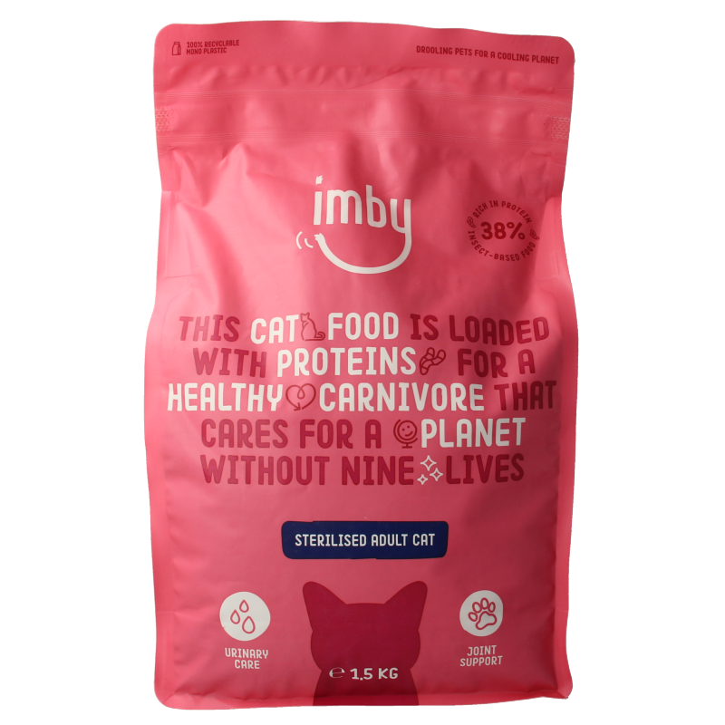 Imby Pet Food kattenbrokken met insecteneiwitten in 1500 gram verpakking, geschikt voor kattenvoeding.