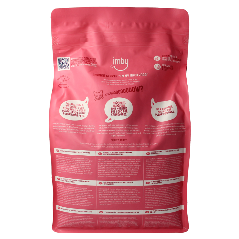 Imby Pet Food Kattenbrokken insecteneiwitten dierenvoeding in 1500g package, showing cat food with insect protein ingredients.