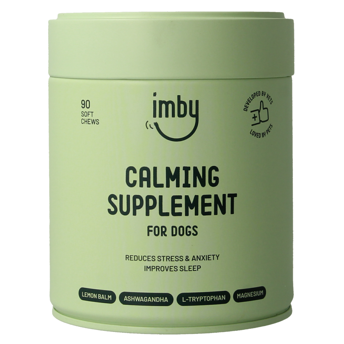 Imby Pet Food anti-stress supplement for dogs, 90 chewable tablets, calming nutrition for pets.