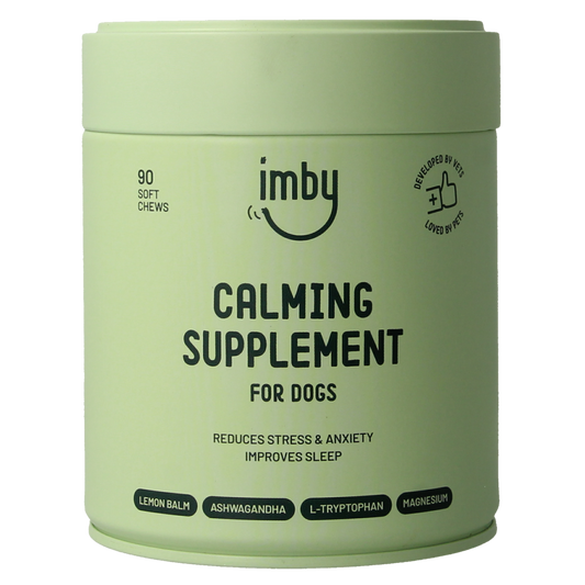Imby Pet Food anti-stress supplement for dogs, 90 chewable tablets, calming nutrition for pets.