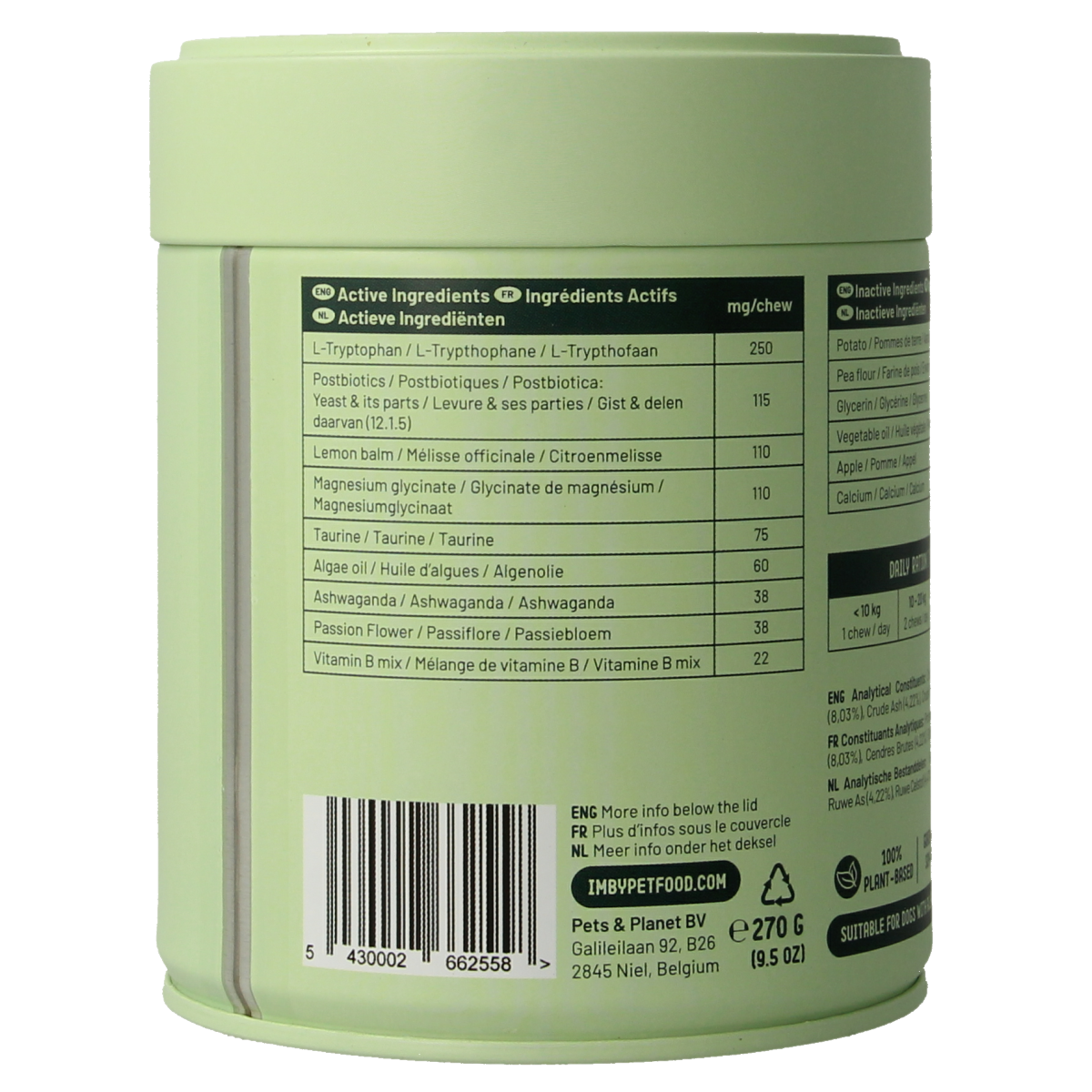 Imby Pet Food anti-stress supplement for dogs, 90 chewable tablets, natural pet calming aid, for stress relief in dogs.
