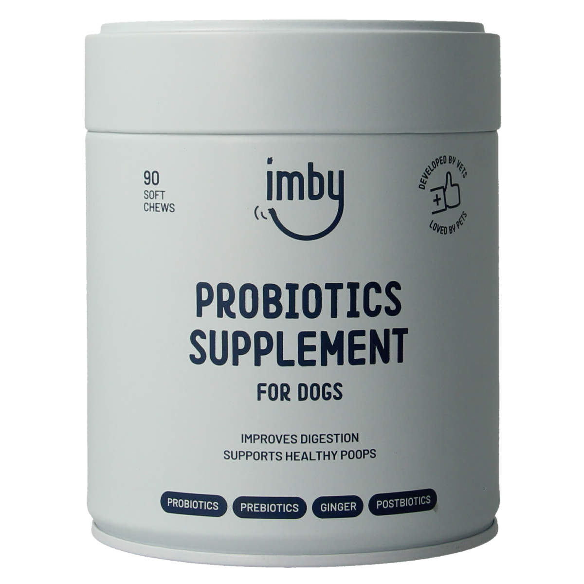 Imby Pet Food probiotic supplement for dogs, 90 chewable tablets, natural pet health dietary supplement.