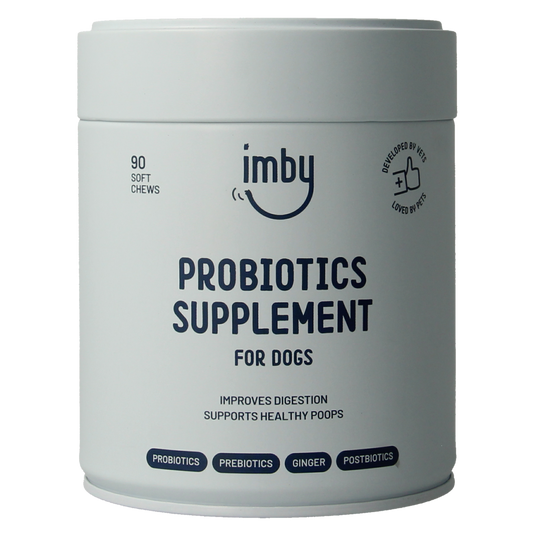 Imby Pet Food probiotic supplement for dogs, 90 chewable tablets, natural pet health dietary supplement.