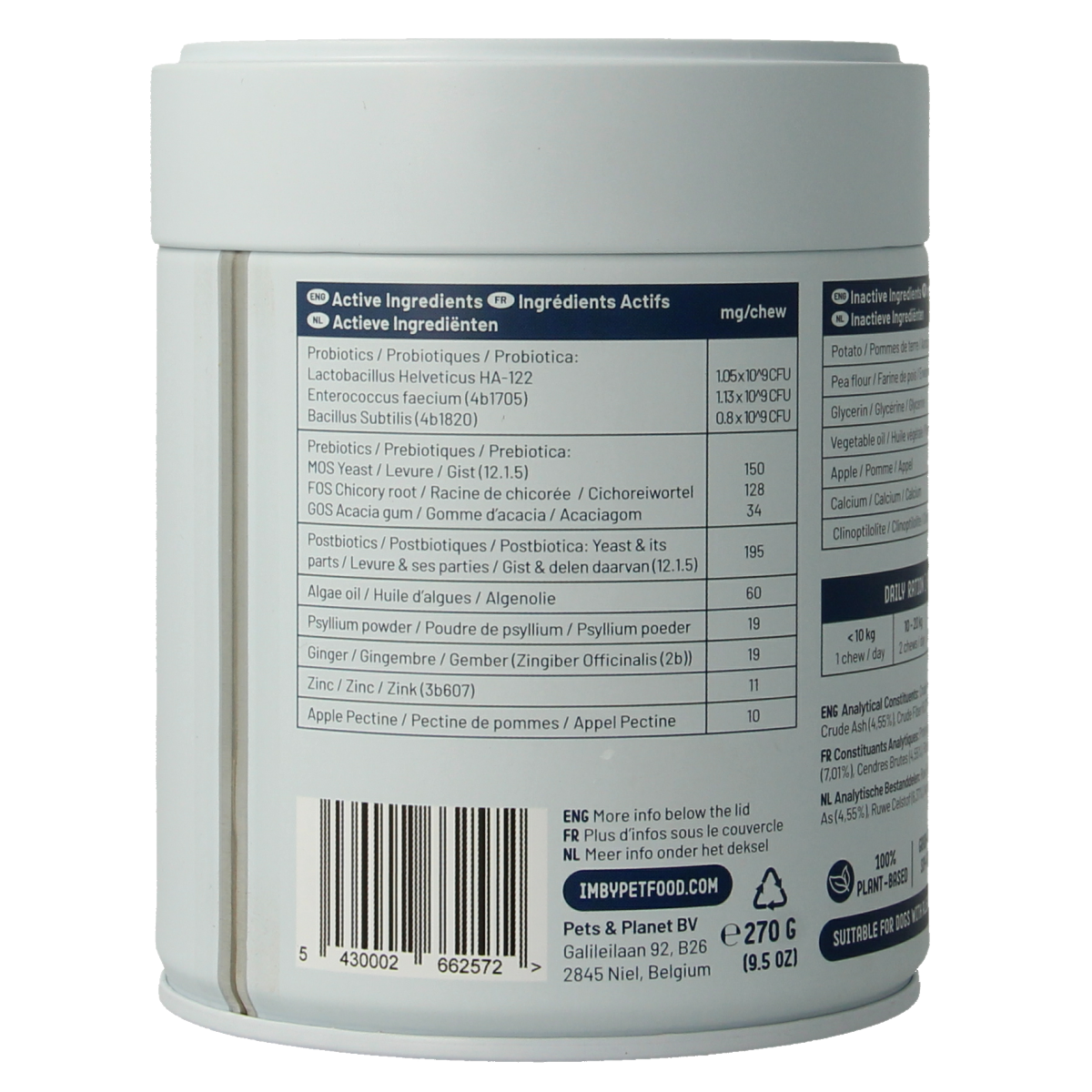Imby Pet Food probiotic supplement for dogs, 90 chewable tablets, natural pet health support, shown in the product image.