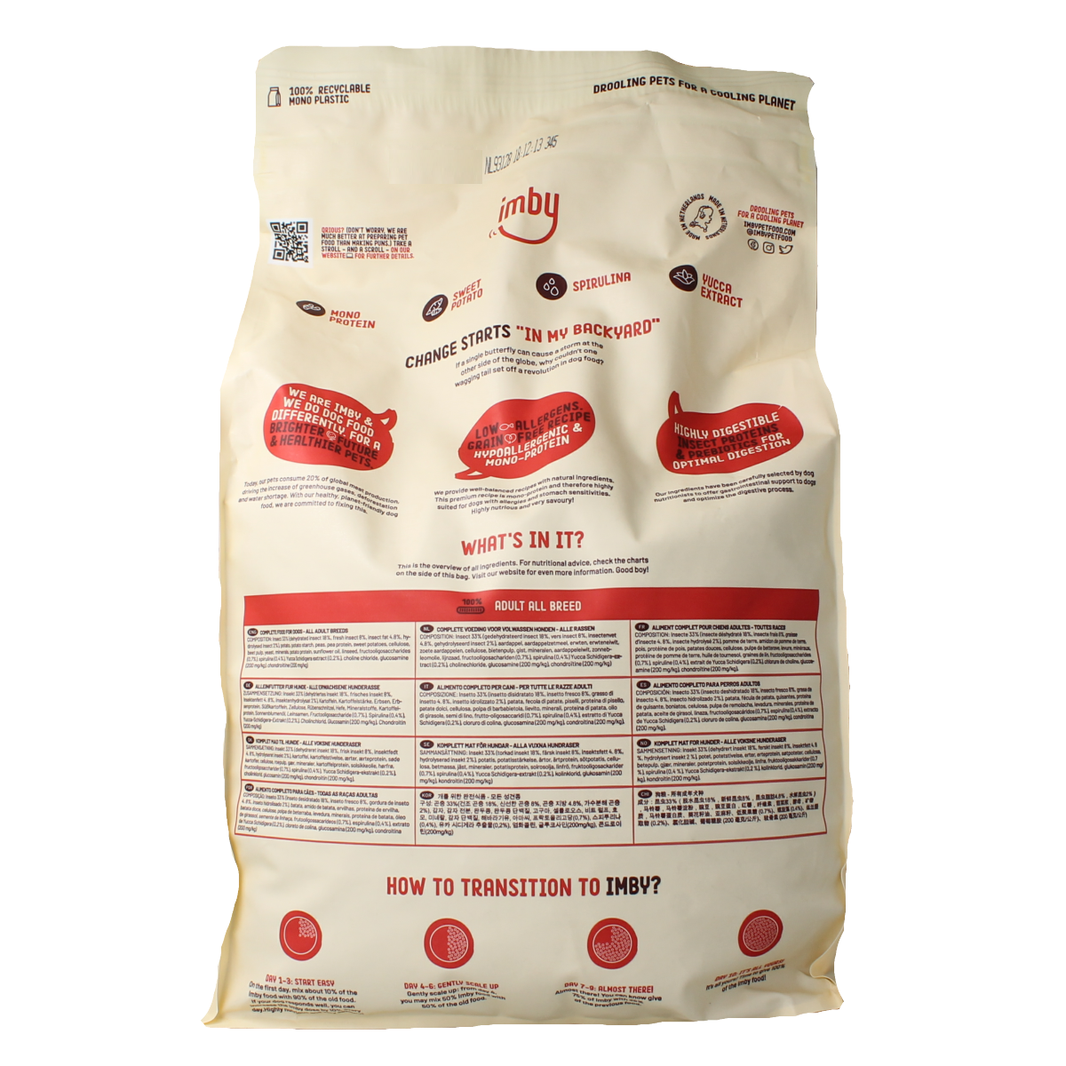 Imby Pet Food hondenbrokken met insecteiwitten voor de spijsvertering, 4 kg hondenvoeding in een groene bak.