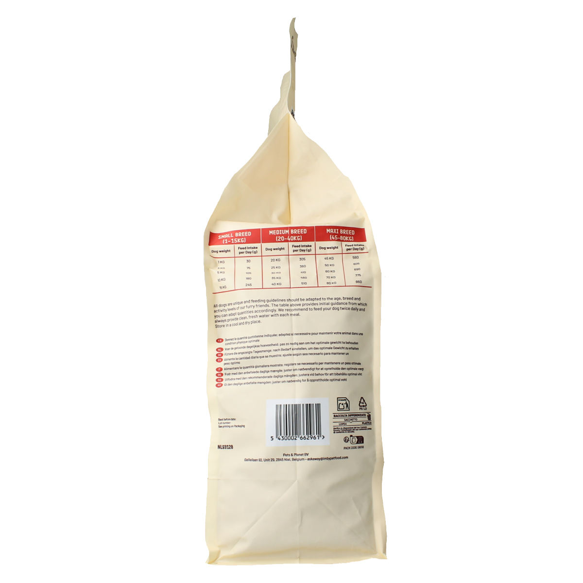 Imby Pet Food hondenbrokken met insecteiwitten, 4 kg dierenvoeding voor gezonde honden, zichtbare krokante brokken in de afbeelding.