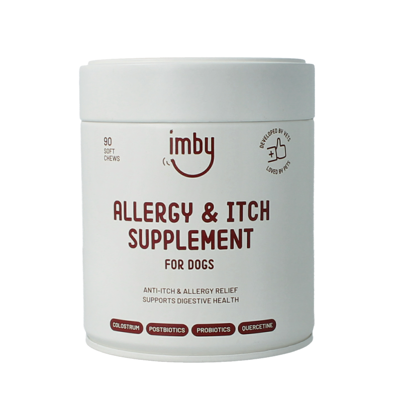 Imby Pet Food anti-allergy and itch relief pet supplement with 90 chewable tablets for dogs and cats.