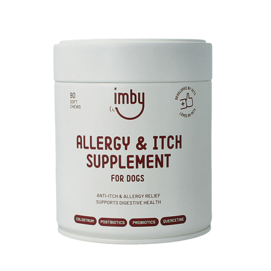 Imby Pet Food anti-allergy and itch relief pet supplement with 90 chewable tablets for dogs and cats.