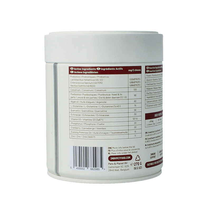 Imby Pet Food supplement for pets, anti-allergy and itch relief chew tablets, displayed in a clear container.
