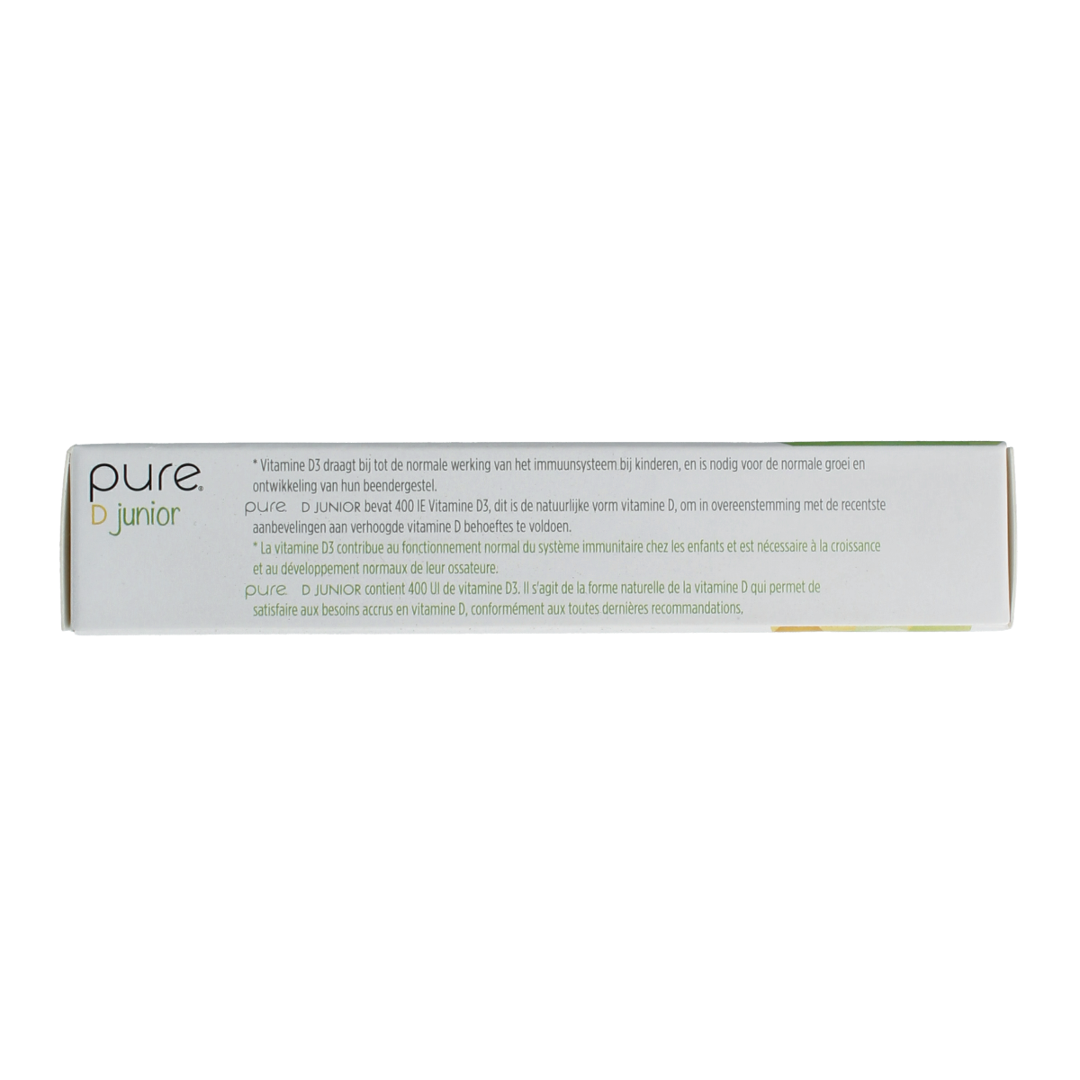 Pure D Junior 90 vitamin tablets in a bottle, suitable for children, from the Pure brand, with white and blue packaging.