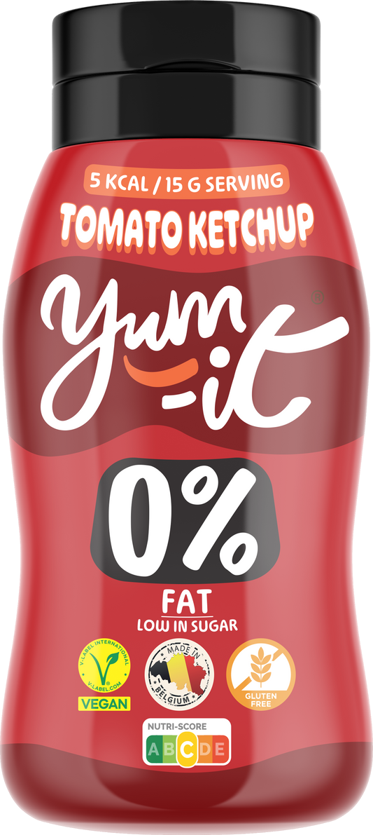 Yum-It Tomato Ketchup 300g bottle showing bright red ketchup inside, label with brand name and product details.