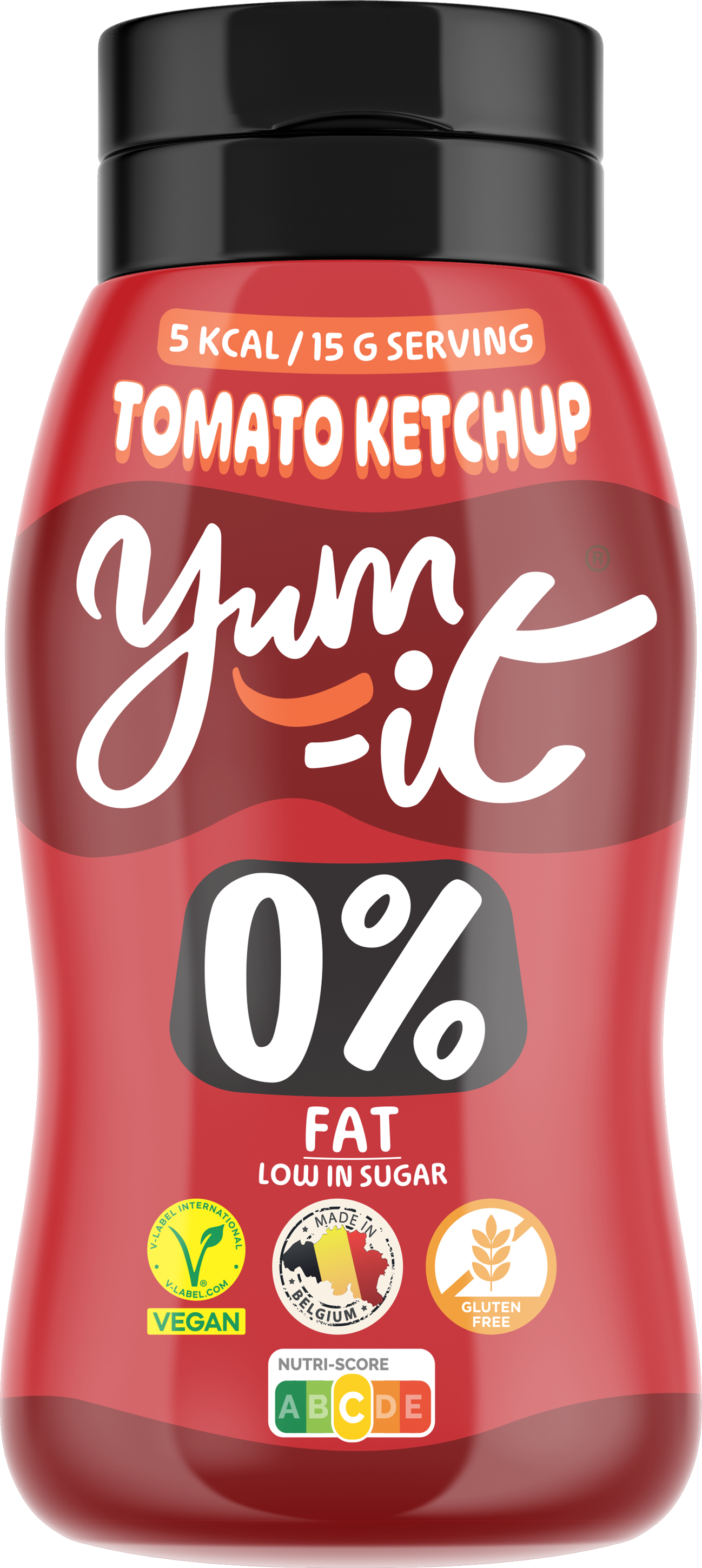 Yum-It Tomato Ketchup 300g bottle with red ketchup and yellow label, showing the product in a clear container.