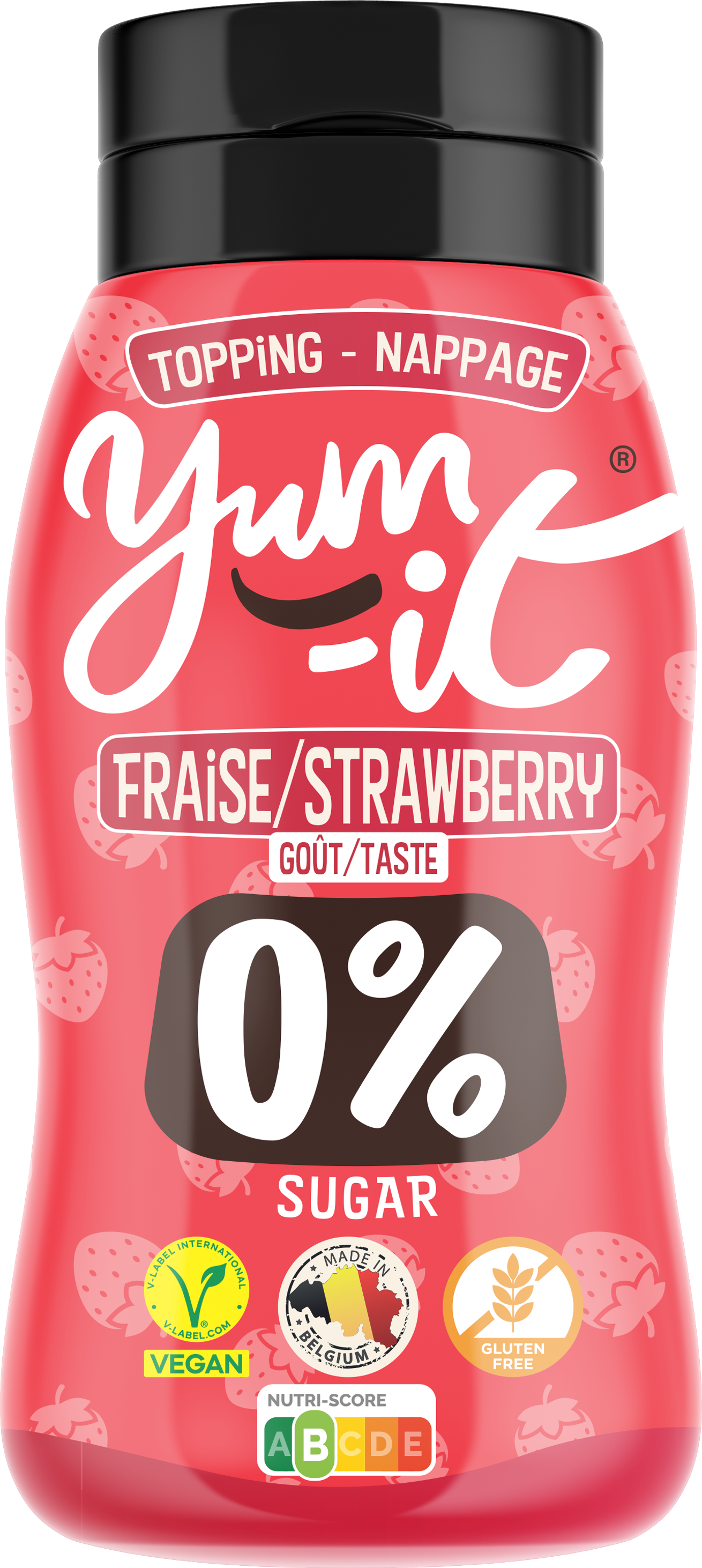 Yum-It Aardbei strawberry topping spread on bread, 300g jar, creamy red fruit spread from Yum-It brand.