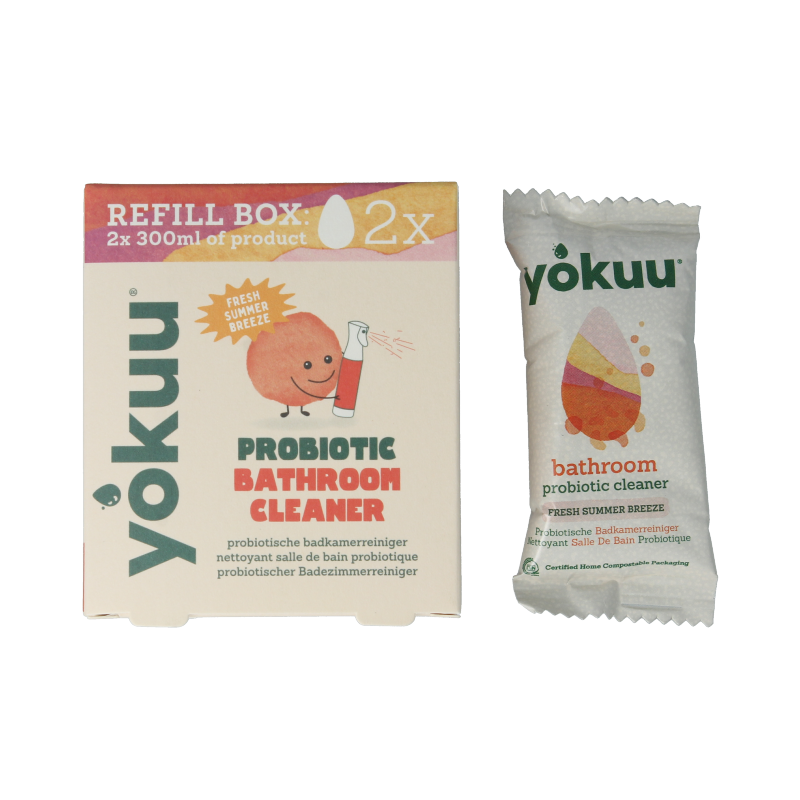 Yokuu badkamerreiniger refill pack with two cleaning product bottles for bathroom surfaces and fixtures.