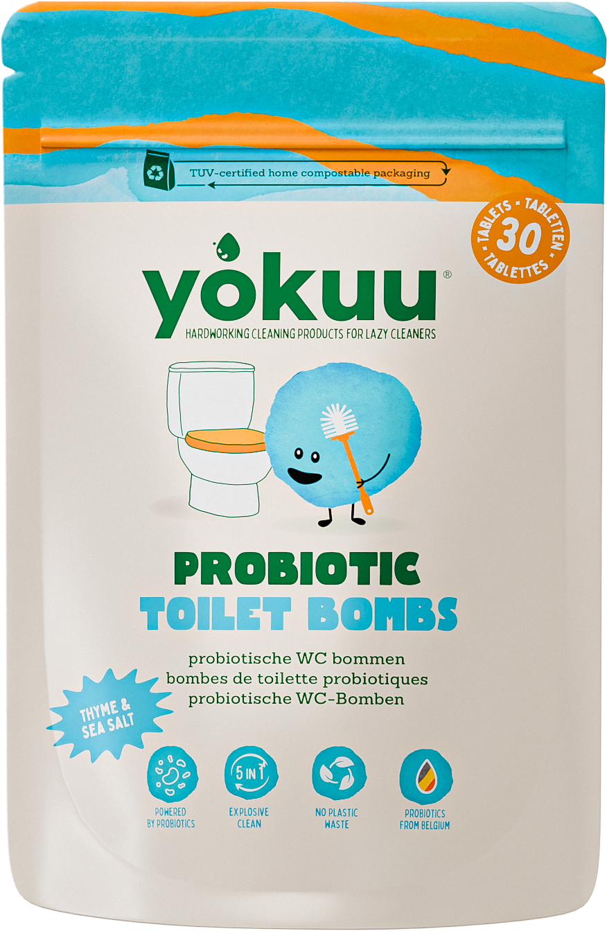 Yokuu toilet bomb with thyme and sea salt, 30 tablets, for freshening and cleaning toilets, in a colorful package.