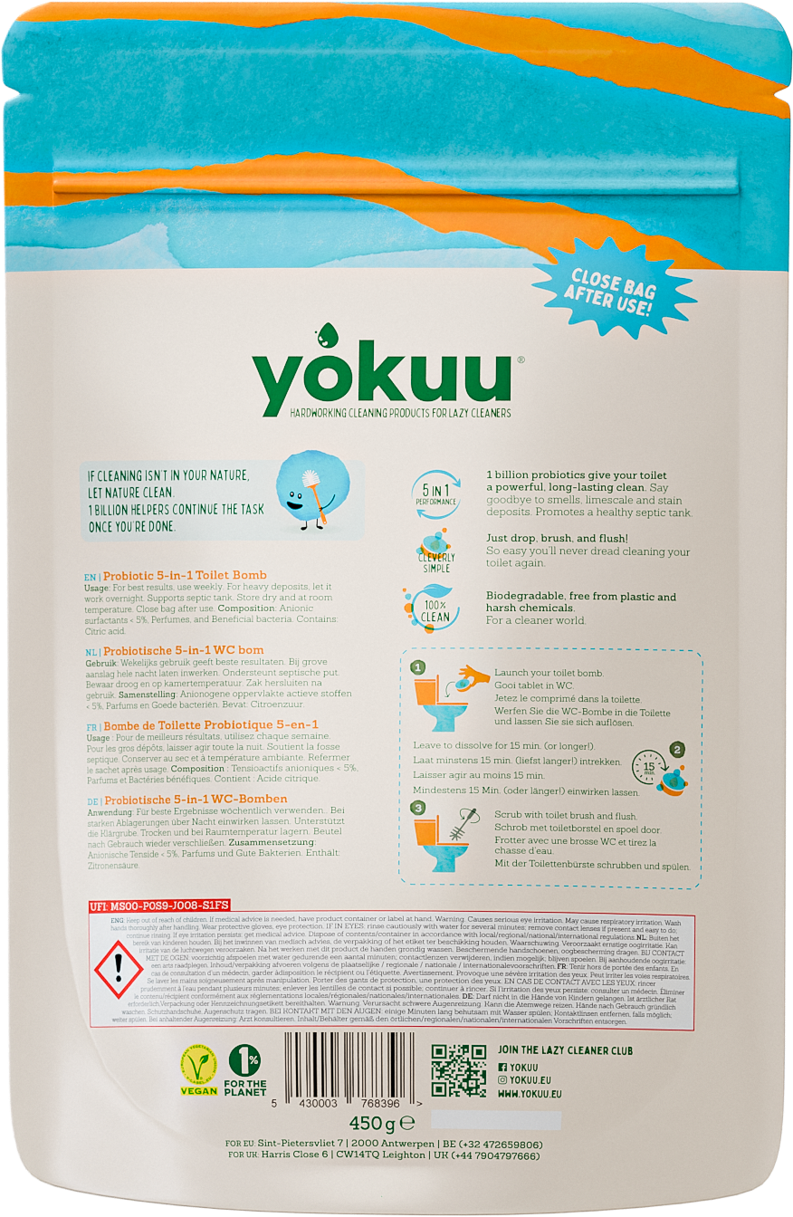 Yokuu Toilet bomb thyme and sea salt tablets for freshening and cleaning toilets, shown in a close-up image of the product packaging