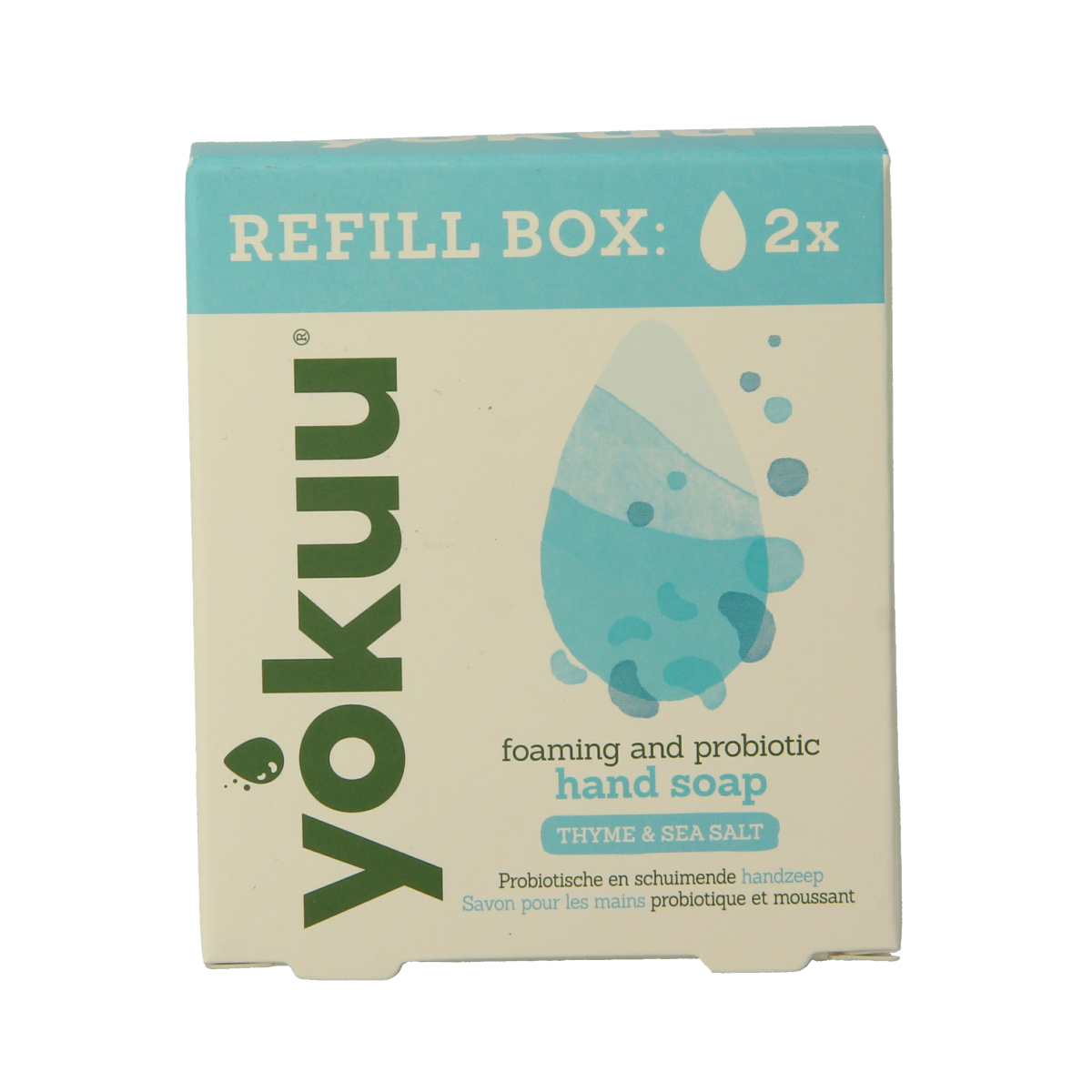 Yokuu thyme and sea salt hand soap refill pack with two pieces, natural zeep for hand cleansing and refreshing scent.
