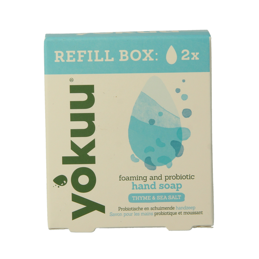 Yokuu thyme and sea salt hand soap refill pack with two pieces, natural zeep for hand cleansing and refreshing scent.