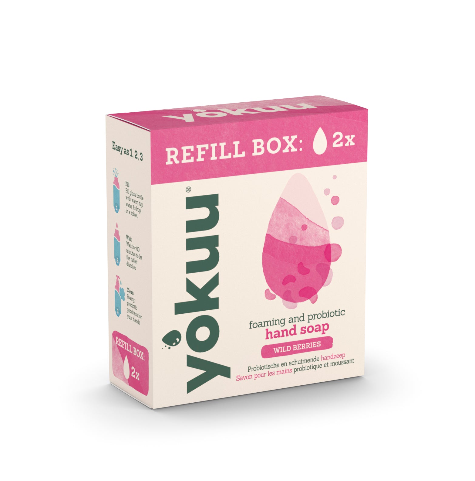 Yokuu Wild Berries hand soap refill pack with 2 bottles, featuring colorful berry design and clear pump dispensers.