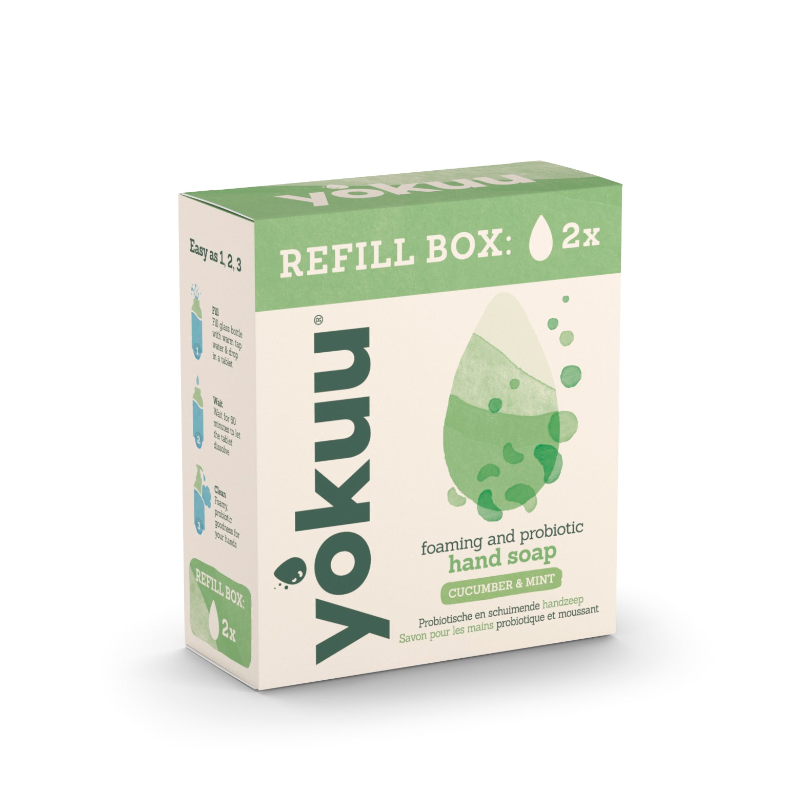 Yokuu cucumber and mint hand soap refill pack with 2 bottles, natural ingredients, ideal for moisturizing and refreshing skin.