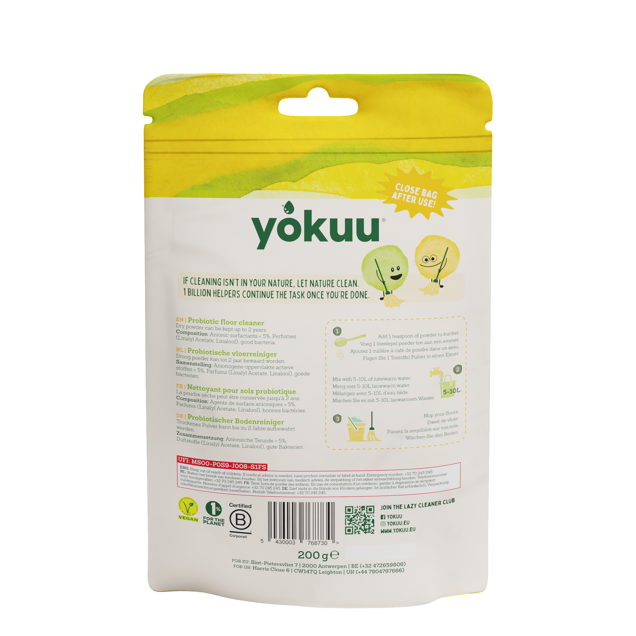 Yokuu Vloerreiniger poeder 200 gram in een open doos, schoonmaakartikelen voor het reinigen van vloeren