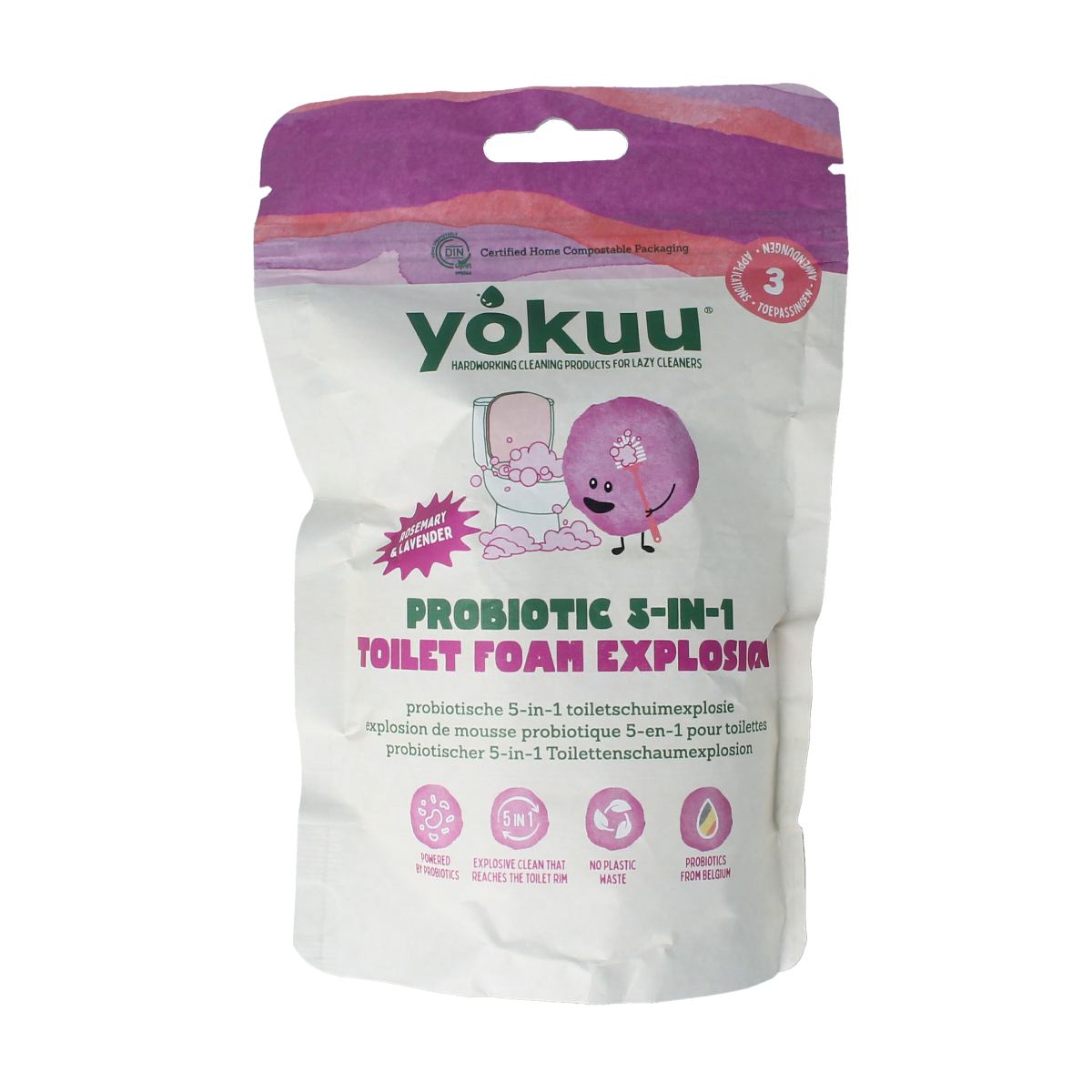 Yokuu Probio toilet schuim 5-in-1 cleaner and freshener, 300g, in a white and blue bottle with a spray nozzle.
