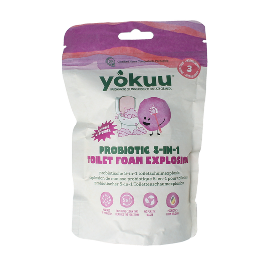 Yokuu Probio toilet schuim 5-in-1 cleaner and freshener, 300g, in a white and blue bottle with a spray nozzle.