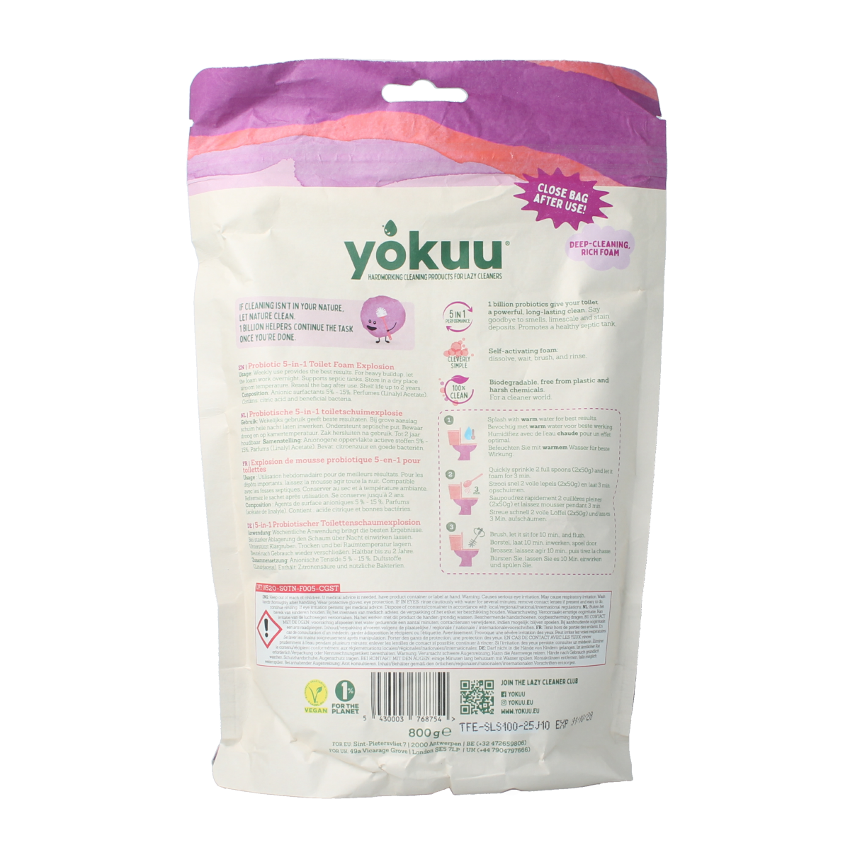 Yokuu Probio toilet schuim 5 in 1 in 800g container, toilet cleaner and freshener with probiotic formula.