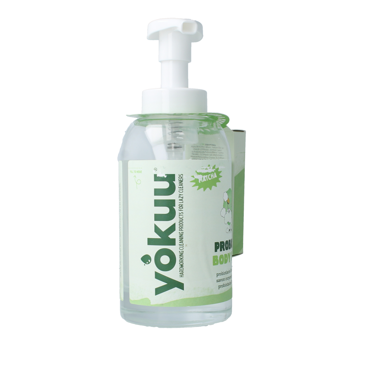 Yokuu Matcha Bodywash Startkit with one tablet and one fles, designed for shower use, featuring natural matcha ingredients.