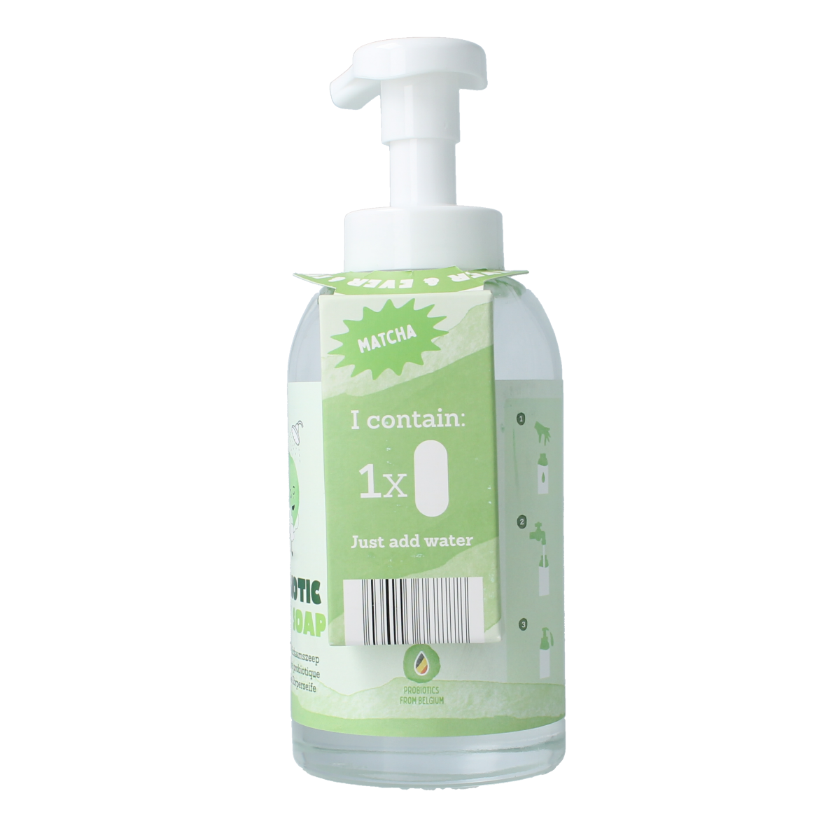Yokuu Matcha Bodywash Startkit with 1 tablet and 1 flexible bottle, ideal for shower and bath use.