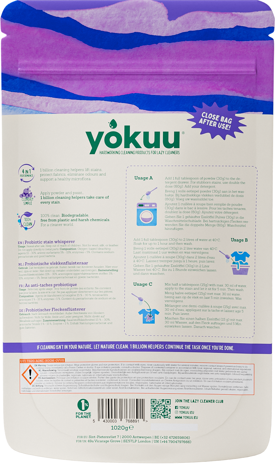 Yokuu 4-in-1 probiotic stain remover laundry detergent in a 1020g container, natural cleaning power for stains and odors.