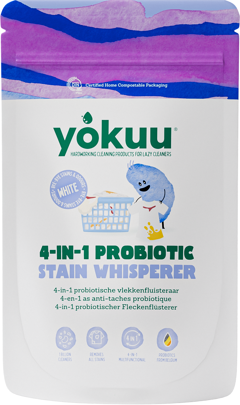 Yokuu 4-in-1 probiotic stain remover washing powder in a white container, designed for effective laundry cleaning.