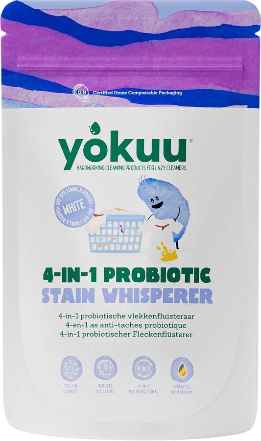 Yokuu 4-in-1 probiotic stain remover washing powder in a white container, designed for effective laundry cleaning.