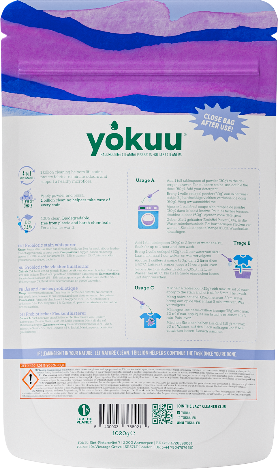 Yokuu 4-in-1 probiotic stain remover laundry detergent in a white powder form, 1020 grams for effective cleaning.