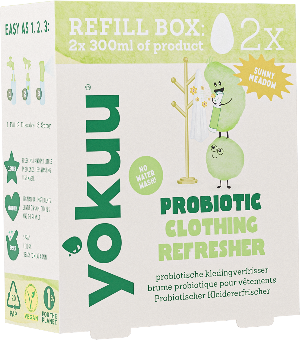 Yokuu Probiotische kledingopfrisser refill pearls, set of 2, natural odor neutralizer and freshener for clothing and fabrics.