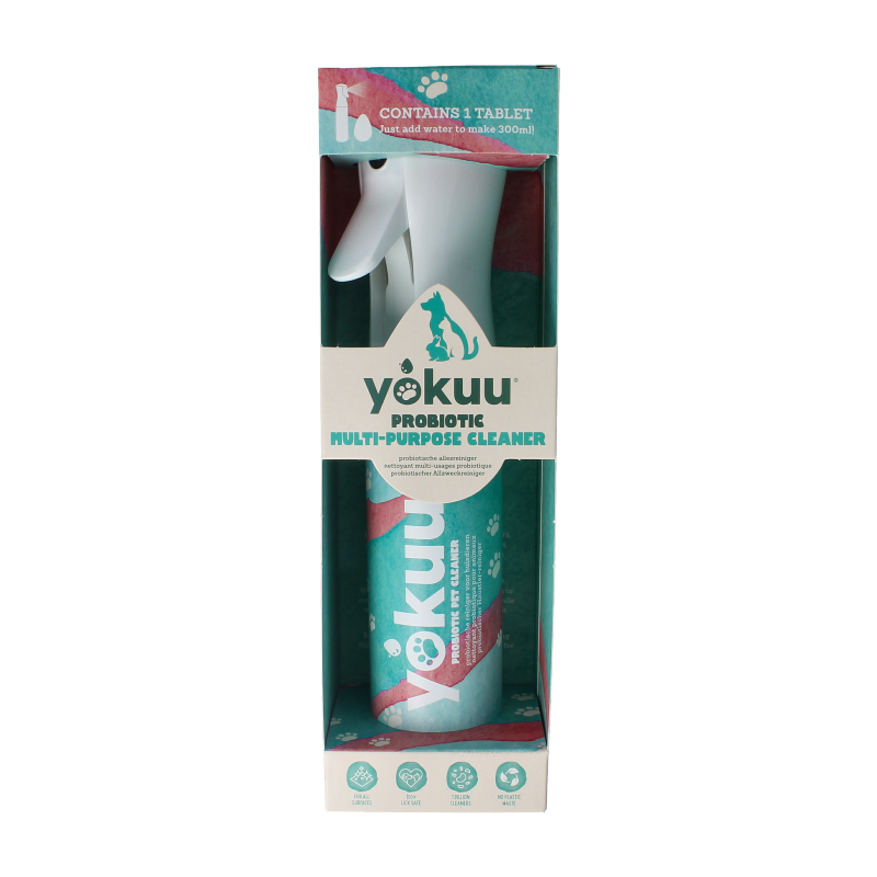 Yokuu Probio allesreiniger voor huisdieren startset with cleaning spray and accessories for pet-safe cleaning.