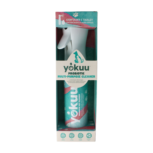 Yokuu Probio allesreiniger voor huisdieren startset with cleaning spray and accessories for pet-safe cleaning.