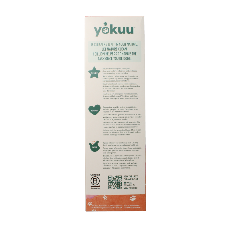 Yokuu Probio allergenenspray huisdieren startset with spray bottles and instruction leaflet for pet allergy relief.