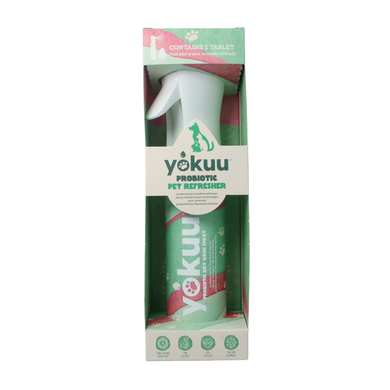 Yokuu Probio huisdierverfrisser startverpakking, pet deodorizer spray in a small bottle for animals, brand Yokuu.