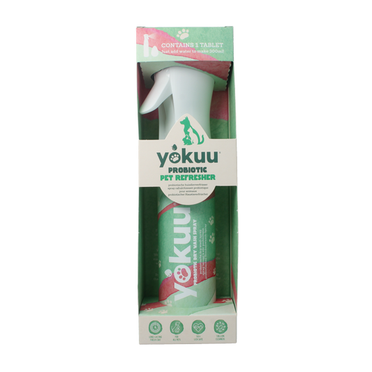 Yokuu Probio huisdierverfrisser startverpakking, pet deodorizer spray in a small bottle for animals, brand Yokuu.