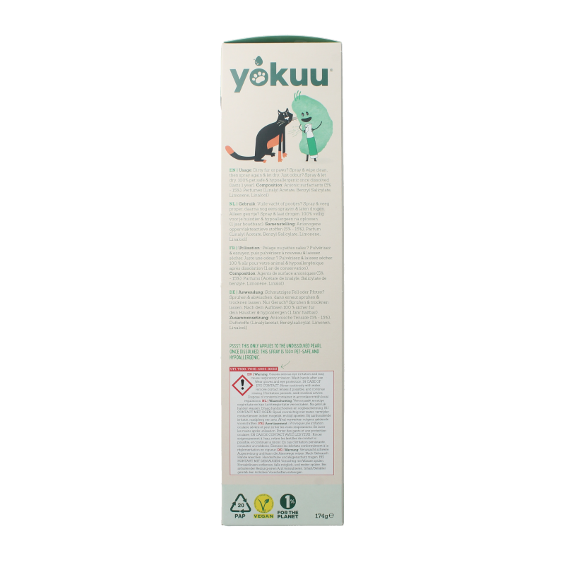 Yokuu Probio huisdierverfrisser startverpakking with bottle and packaging for pet odor control and freshness.