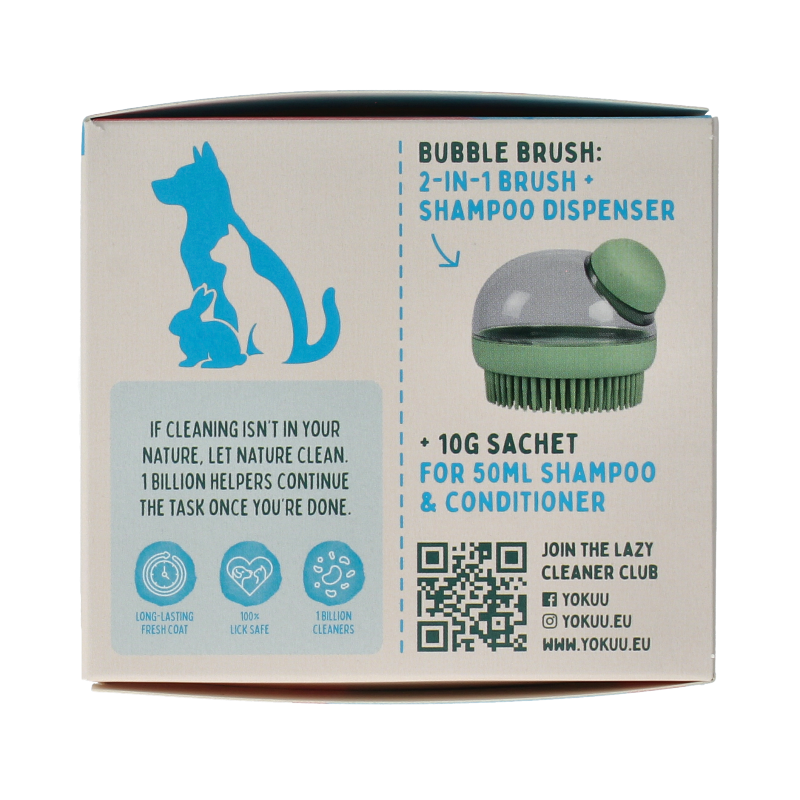 Yokuu Probio shampoo and conditioner pet grooming set, showing bottles with labels for animals, in a natural grooming setting.