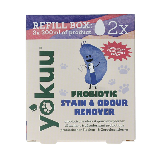 Yokuu Probio vlek en geurverwijderaar huisdieren refill pack with 2 wipes, designed for pet stain and odor removal.