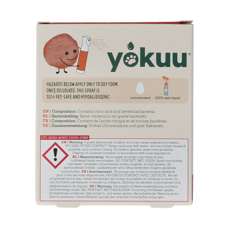 Yokuu Probio allergenenspray refill pack with two bottles for pet allergy relief, in a natural setting with pet accessories