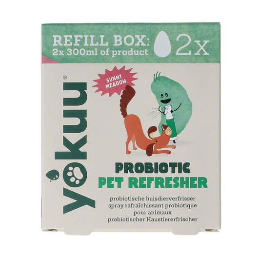 Yokuu Probio huisdierverfrisser refill pack with two units, pet grooming product for freshening up pets and their environment.