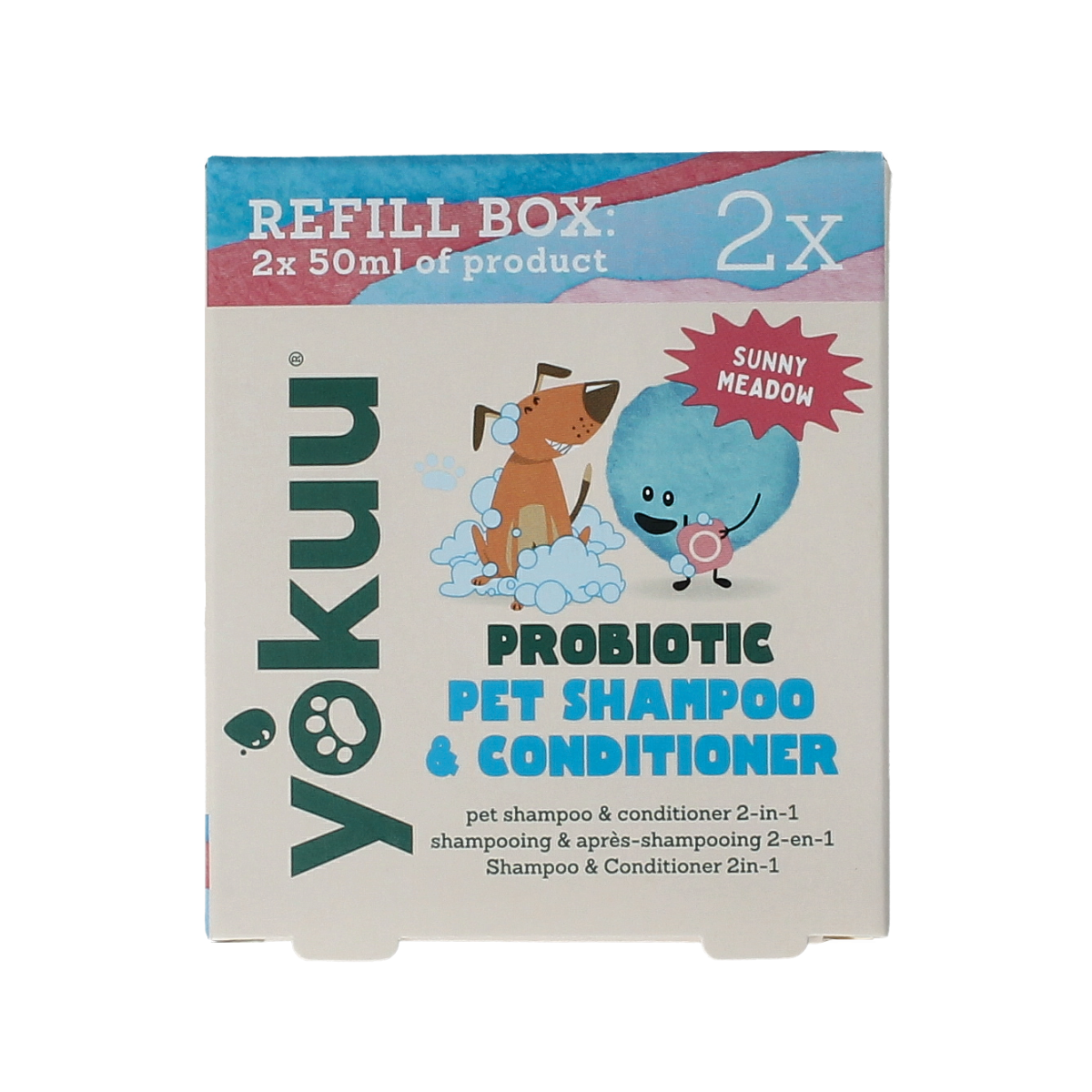 Yokuu Probio shampoo and conditioner for pets, refill pack of 2 in a natural animal care setting.
