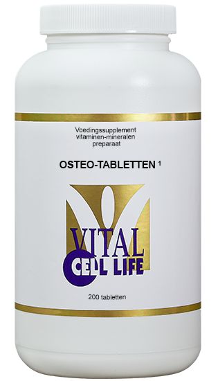 Vital Cell Life Osteo multi-vitamin supplement in a bottle of 200 tablets, designed to support bone health and overall wellness.