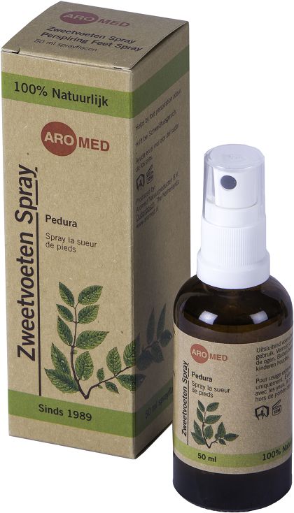 Aromed Pedura Zweetvoetenspray 50ml foot care spray with nozzle, designed to reduce foot sweat and odor, close-up shot.