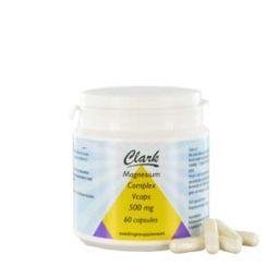 Clark Magnesium Complex vegetarian capsules, mineral supplement in a bottle, showing the product packaging and capsules.