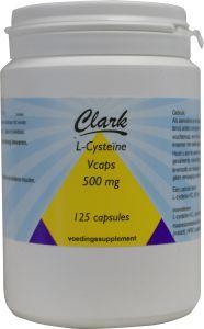 Clark L-Cysteine 500mg vegetarian capsules, amino acids supplement, shown in a clear bottle with capsules visible inside.